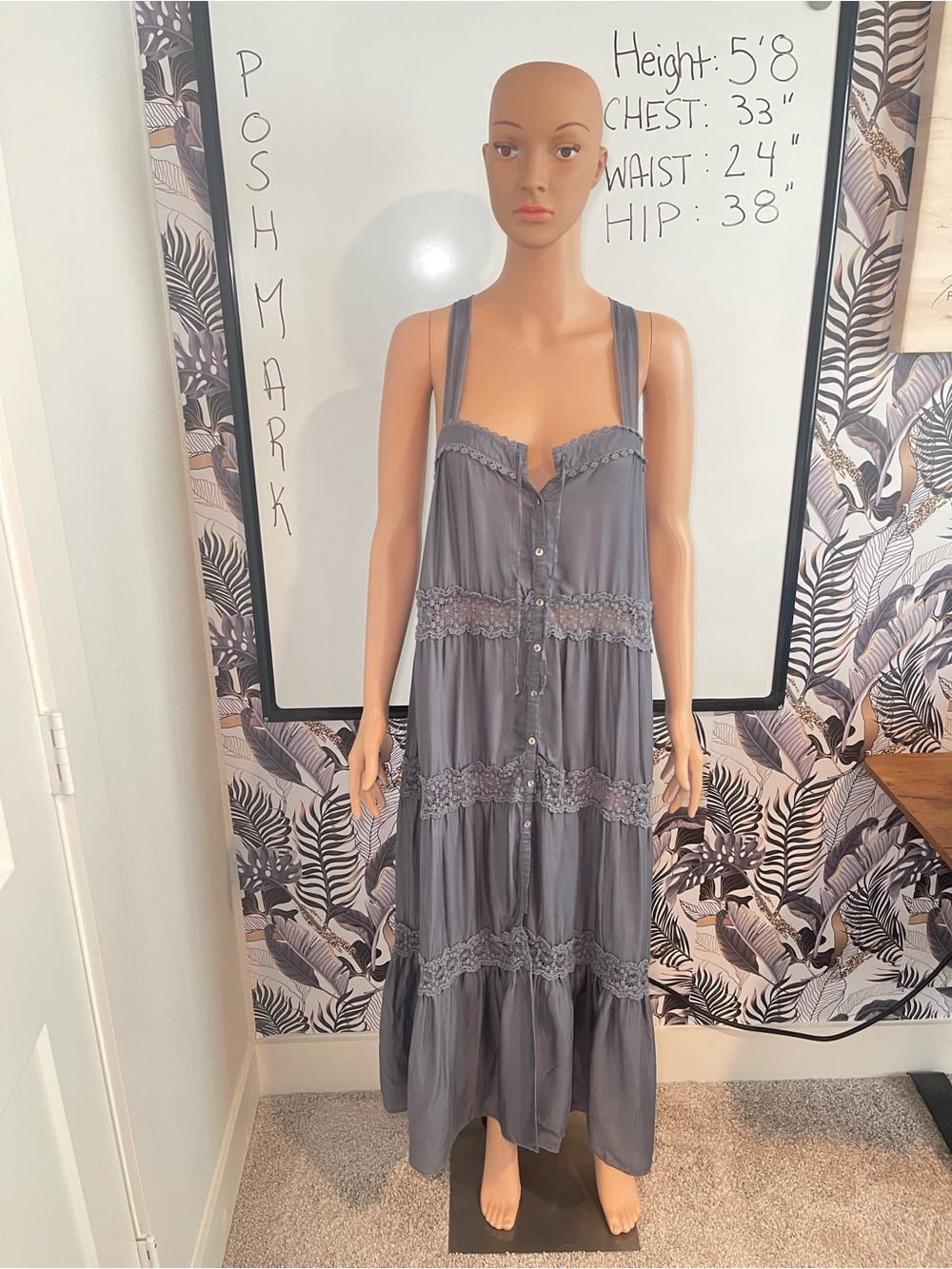 Free People Blue/Gray Lace-Trim Maxi Dress